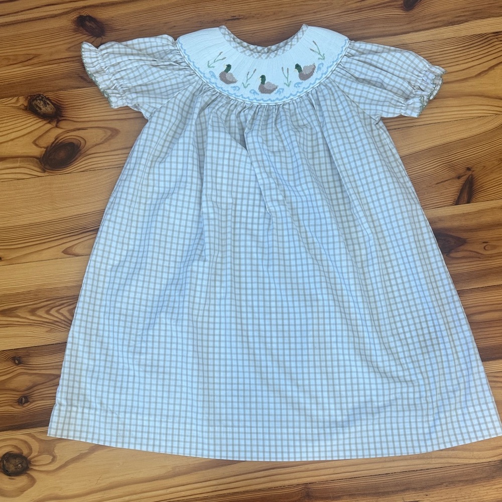 Banana Split Plaid Smock Dress with Ducks Embroidery EUC size 4T